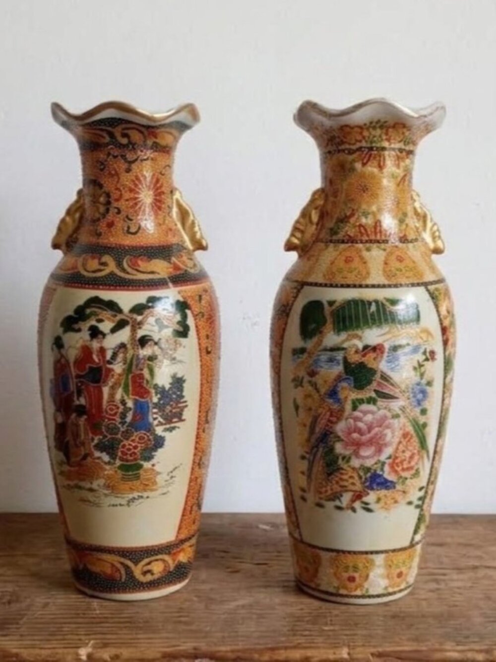 Vintage Pair Oriental Japanese Ceramic Vases Parrots Geisha Girls Hand Painted